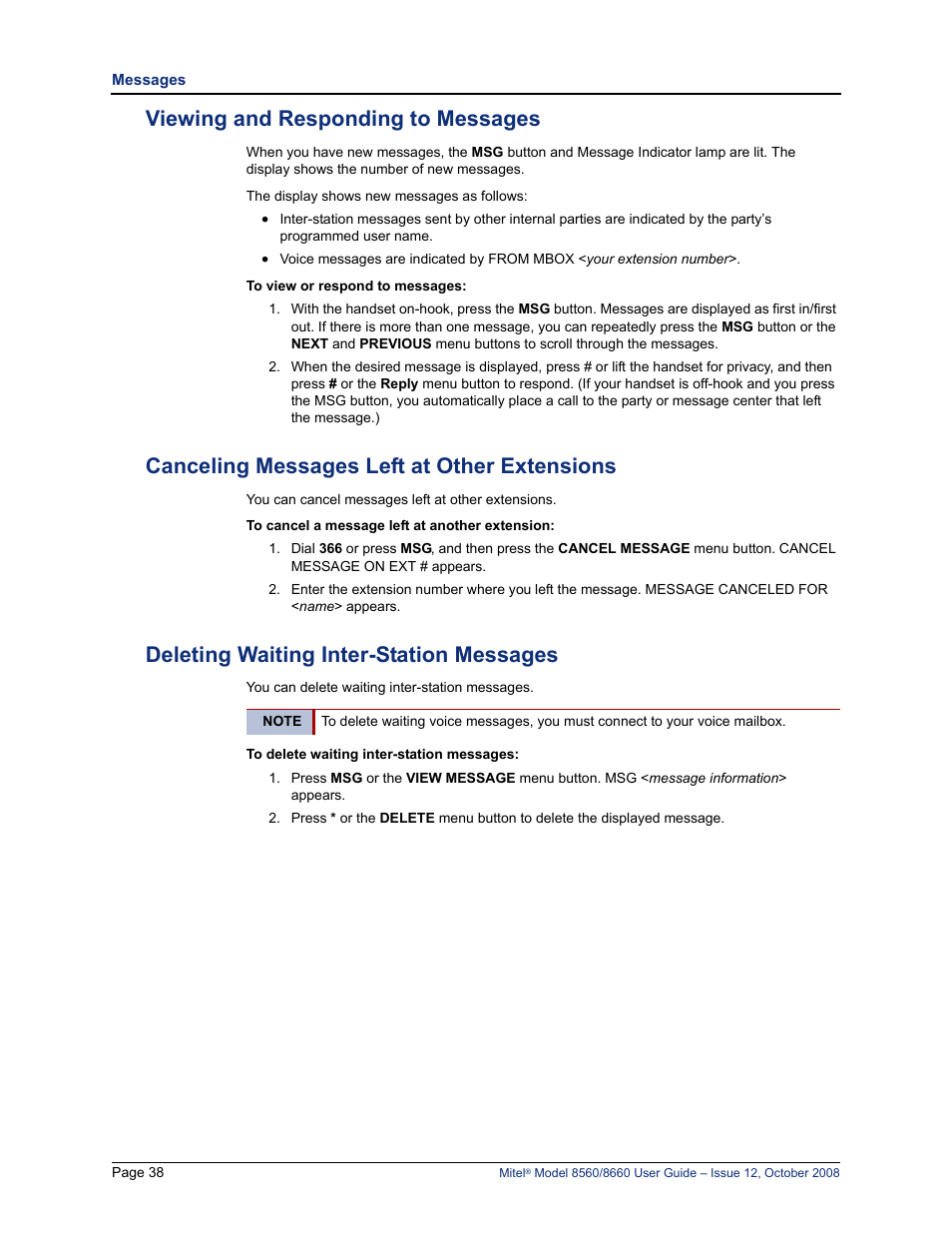 Viewing and responding to messages, Canceling messages left at other extensions, Deleting waiting inter-station messages | Lennox Hearth 8560 User Manual | Page 52 / 68