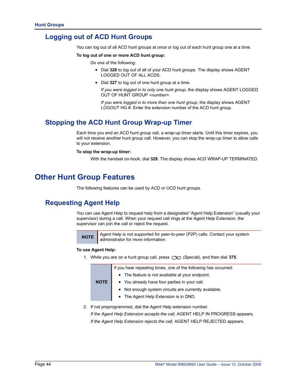 Logging out of acd hunt groups, Stopping the acd hunt group wrap-up timer, Other hunt group features | Requesting agent help | Lennox Hearth 8560 User Manual | Page 58 / 68