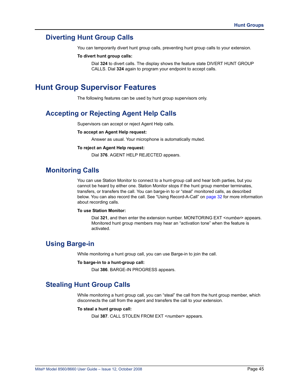 Diverting hunt group calls, Hunt group supervisor features, Accepting or rejecting agent help calls | Monitoring calls, Using barge-in, Stealing hunt group calls | Lennox Hearth 8560 User Manual | Page 59 / 68