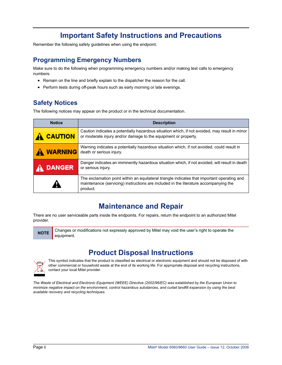 Important safety instructions and precautions, Maintenance and repair, Product disposal instructions | Programming emergency numbers, Safety notices | Lennox Hearth 8560 User Manual | Page 6 / 68