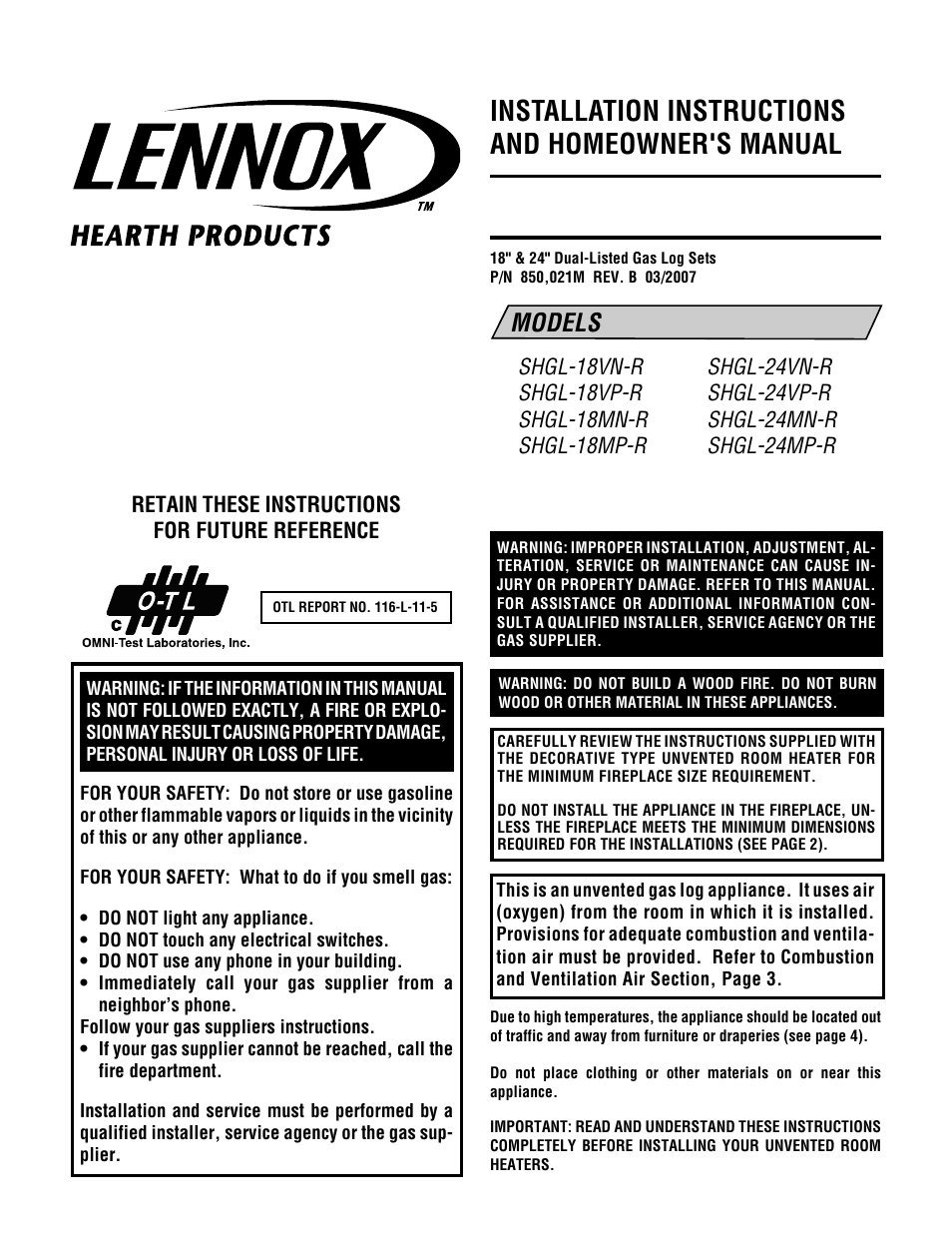Lennox Hearth SHGL-18MP-R User Manual | 20 pages