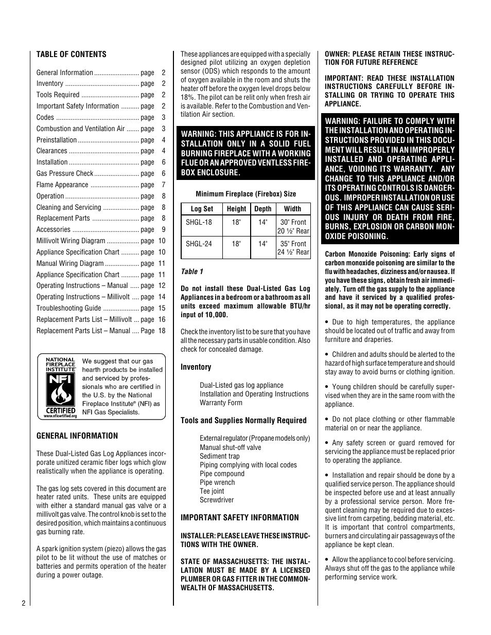 Lennox Hearth SHGL-18MP-R User Manual | Page 2 / 20