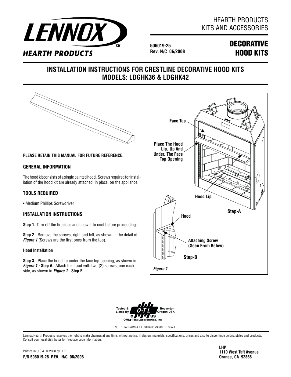 Lennox Hearth Crestline Decorative Hood Kits LDGHK36 User Manual | 1 page