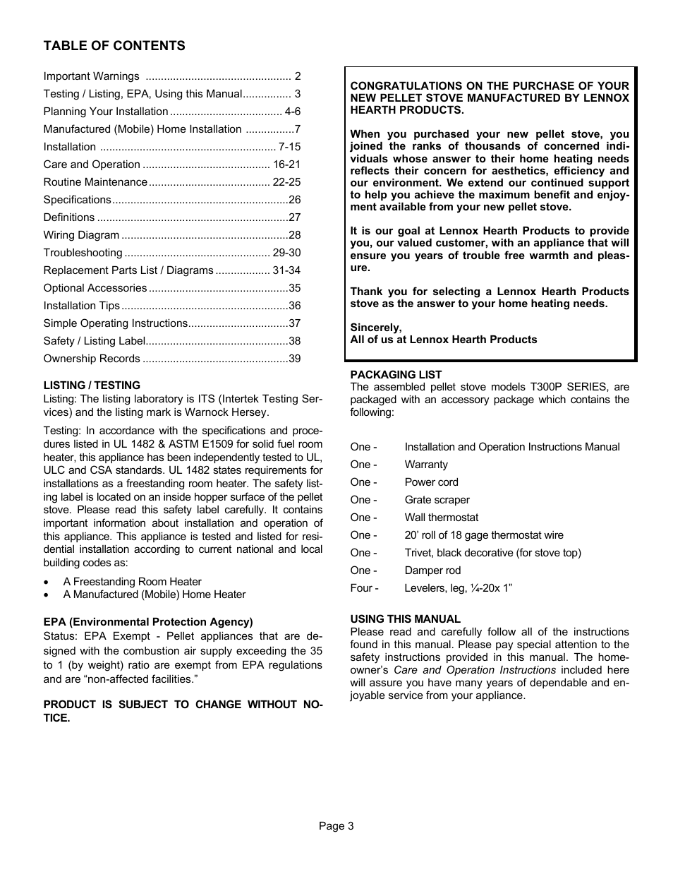 Lennox Hearth T300P User Manual | Page 3 / 40