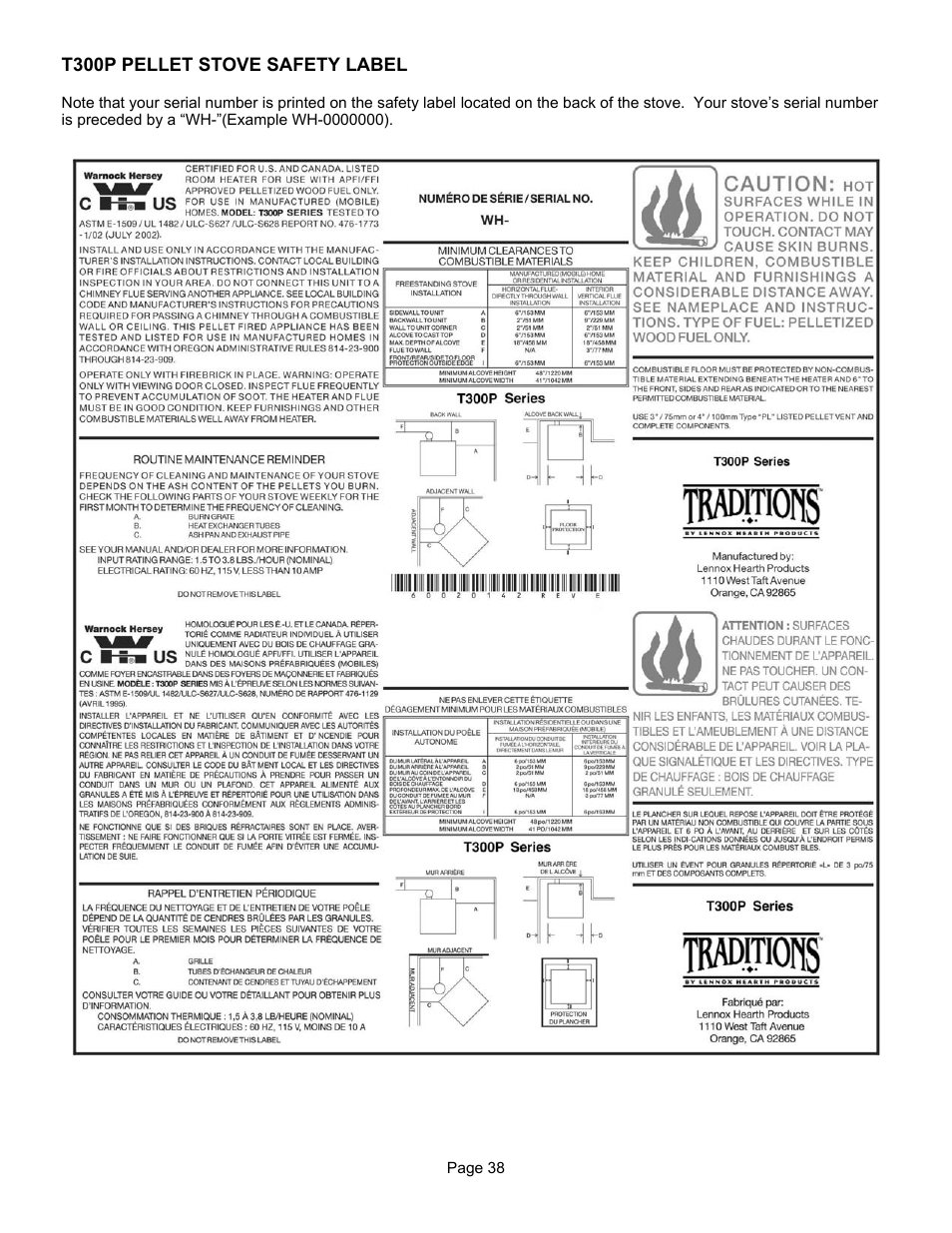 Lennox Hearth T300P User Manual | Page 38 / 40