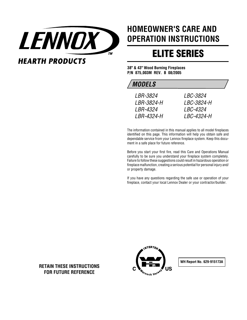 Lennox Hearth Elite LBC-4324-H User Manual | 8 pages