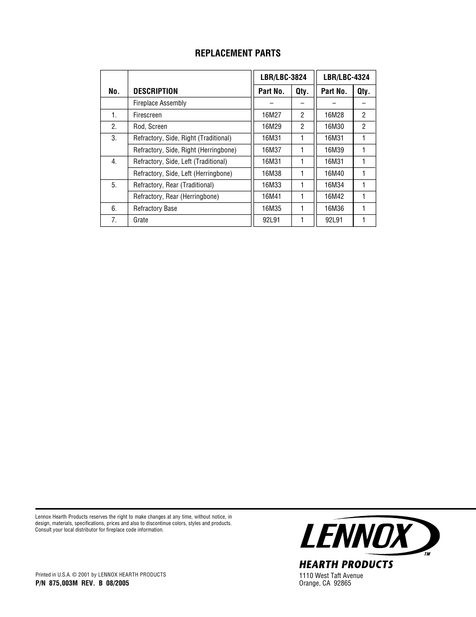 Replacement parts | Lennox Hearth Elite LBC-4324-H User Manual | Page 8 / 8