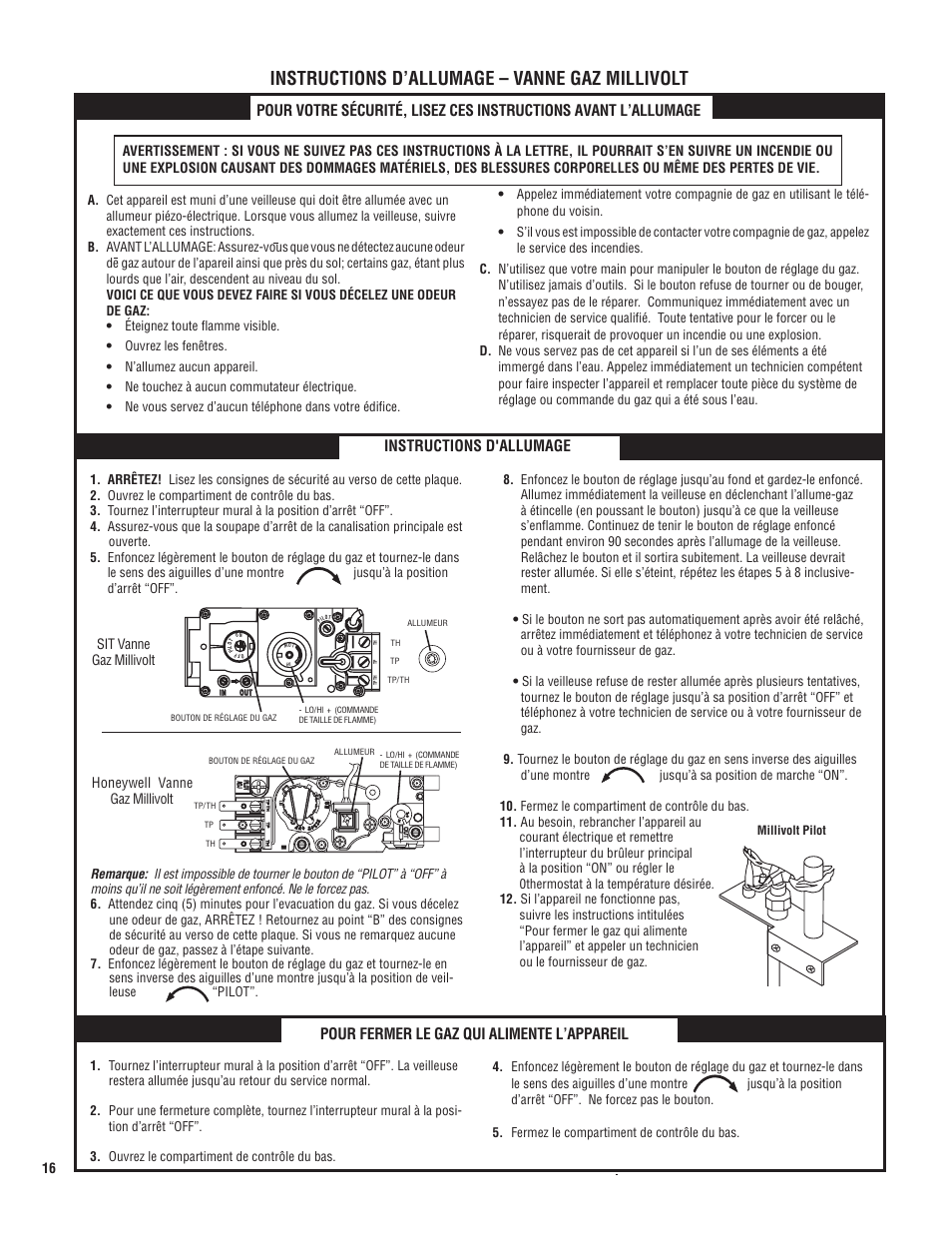 Instructions d’allumage – vanne gaz millivolt, Instructions d'allumage, Pour fermer le gaz qui alimente l’appareil | Sit vanne gaz millivolt, Honeywell vanne gaz millivolt | Lennox Hearth EBVI30 User Manual | Page 16 / 20