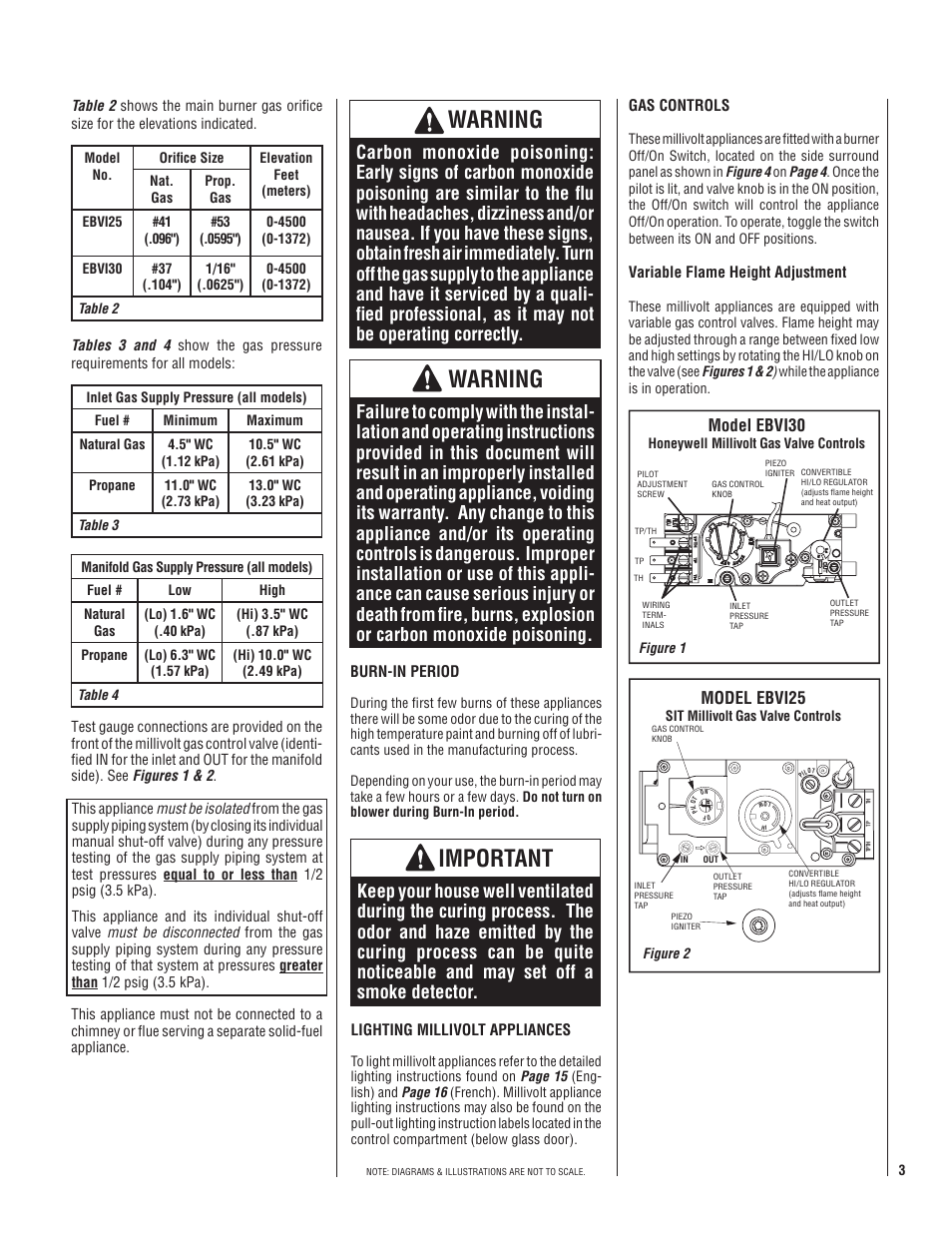 Warning, Important, Model ebvi30 | Model ebvi25 | Lennox Hearth EBVI30 User Manual | Page 3 / 20