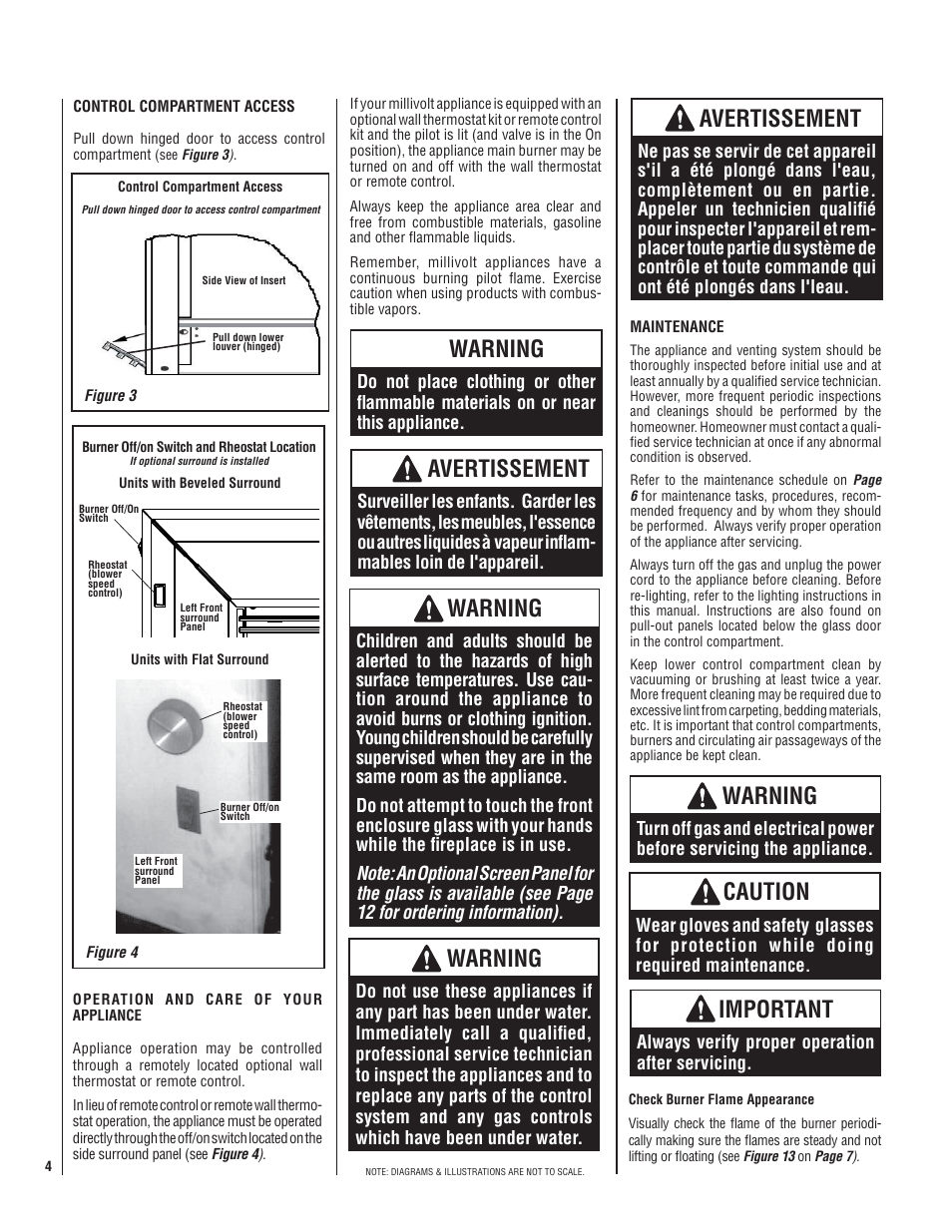 Warning, Avertissement, Caution | Important, Always verify proper operation after servicing | Lennox Hearth EBVI30 User Manual | Page 4 / 20