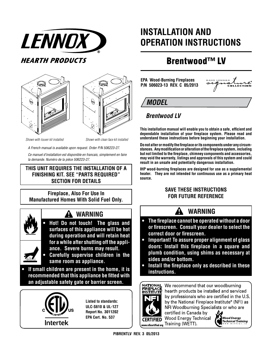 Lennox Hearth BRENTWOOD LV User Manual | 30 pages