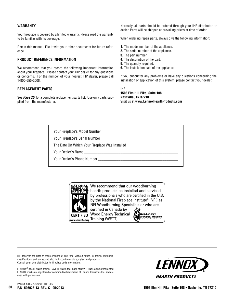 Lennox Hearth BRENTWOOD LV User Manual | Page 30 / 30