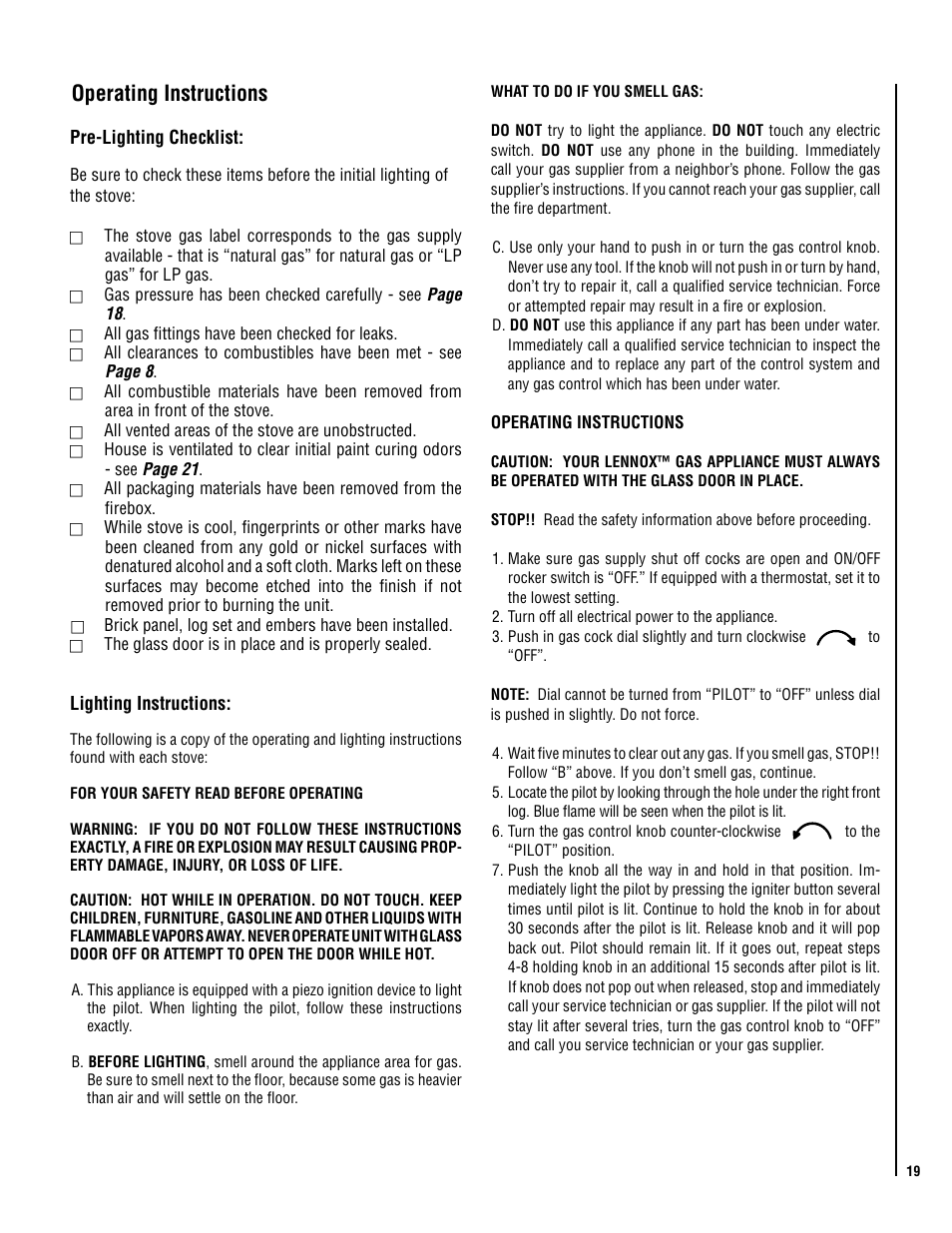 Operating instructions | Lennox Hearth EPIC40 User Manual | Page 19 / 36