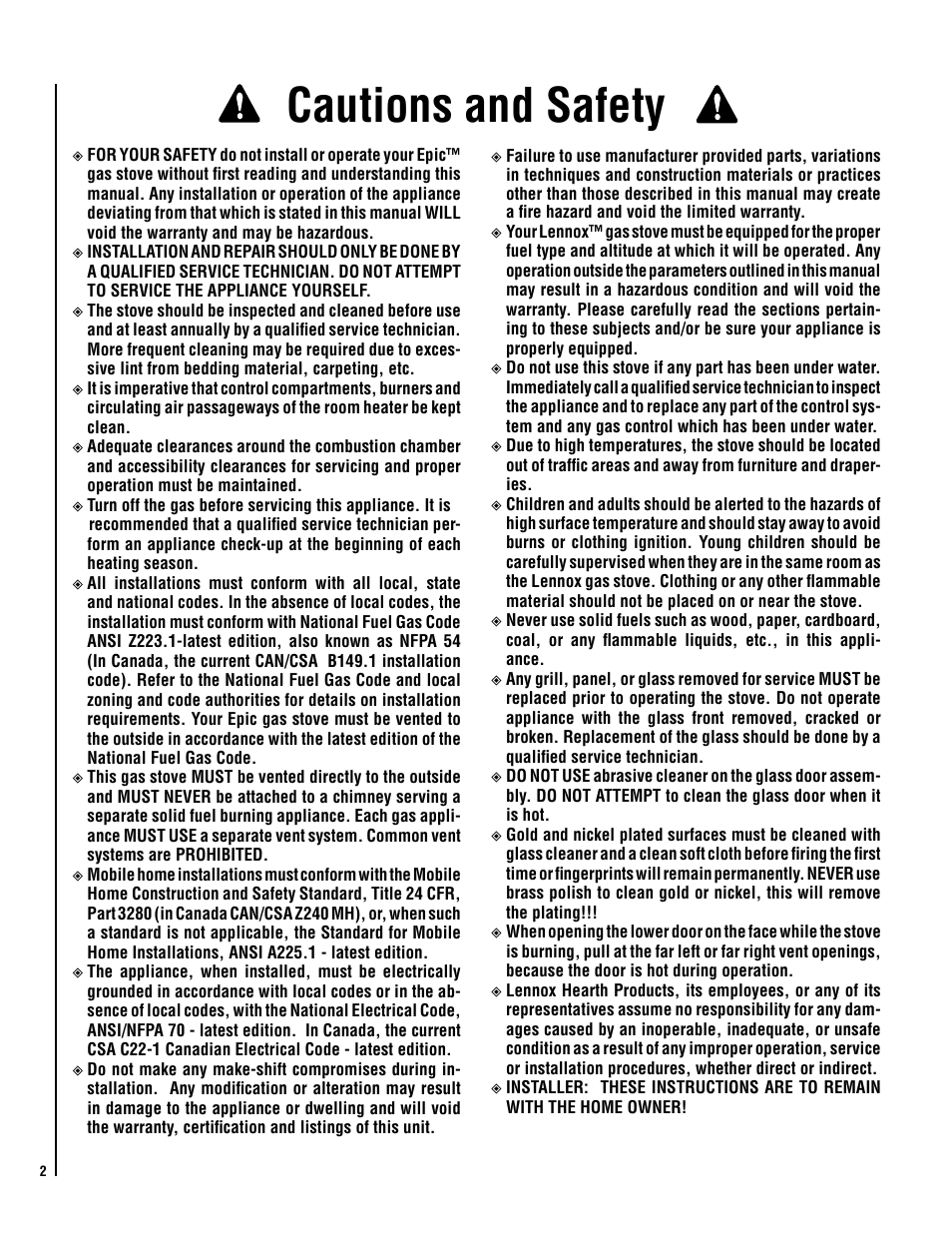 Cautions and safety | Lennox Hearth EPIC40 User Manual | Page 2 / 36