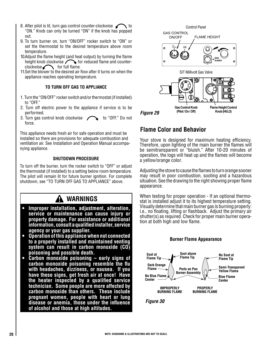 Warnings, Flame color and behavior | Lennox Hearth EPIC40 User Manual | Page 20 / 36