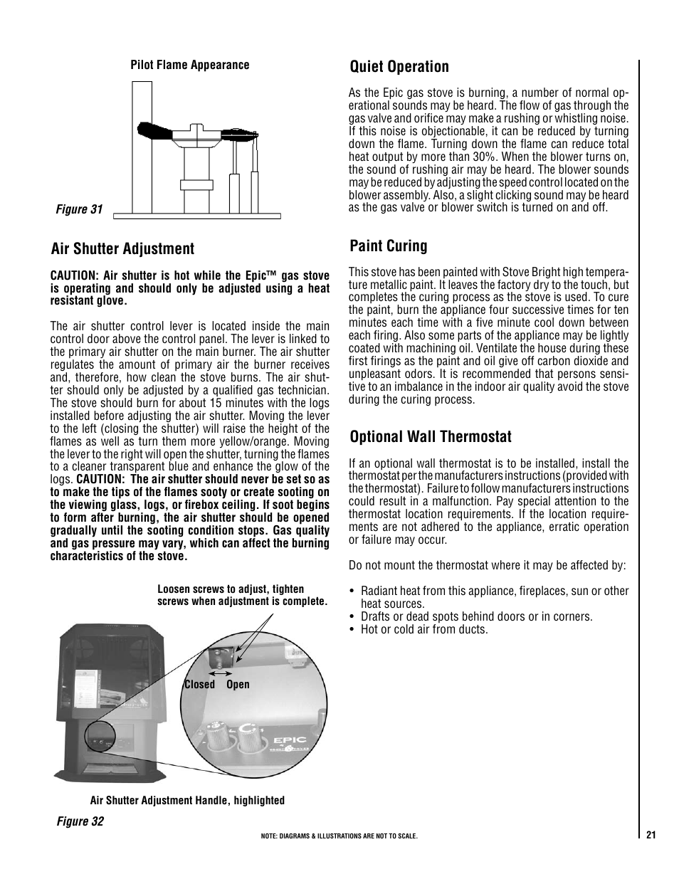 Air shutter adjustment, Quiet operation, Paint curing | Optional wall thermostat | Lennox Hearth EPIC40 User Manual | Page 21 / 36