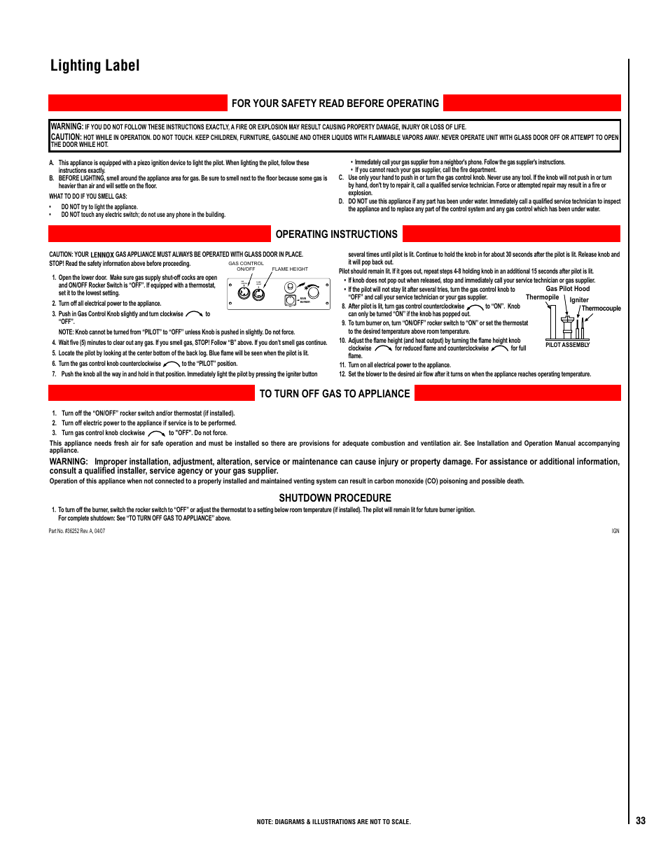 Lighting label, For your safety read before operating, Shutdown procedure operating instructions | Lennox Hearth EPIC40 User Manual | Page 33 / 36