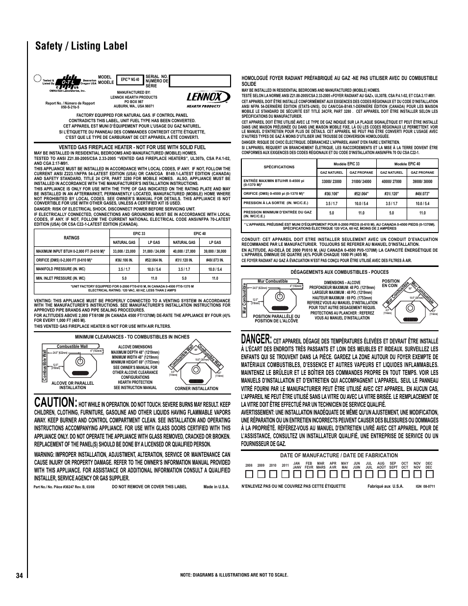 Caution, Danger, Safety / listing label | Lennox Hearth EPIC40 User Manual | Page 34 / 36