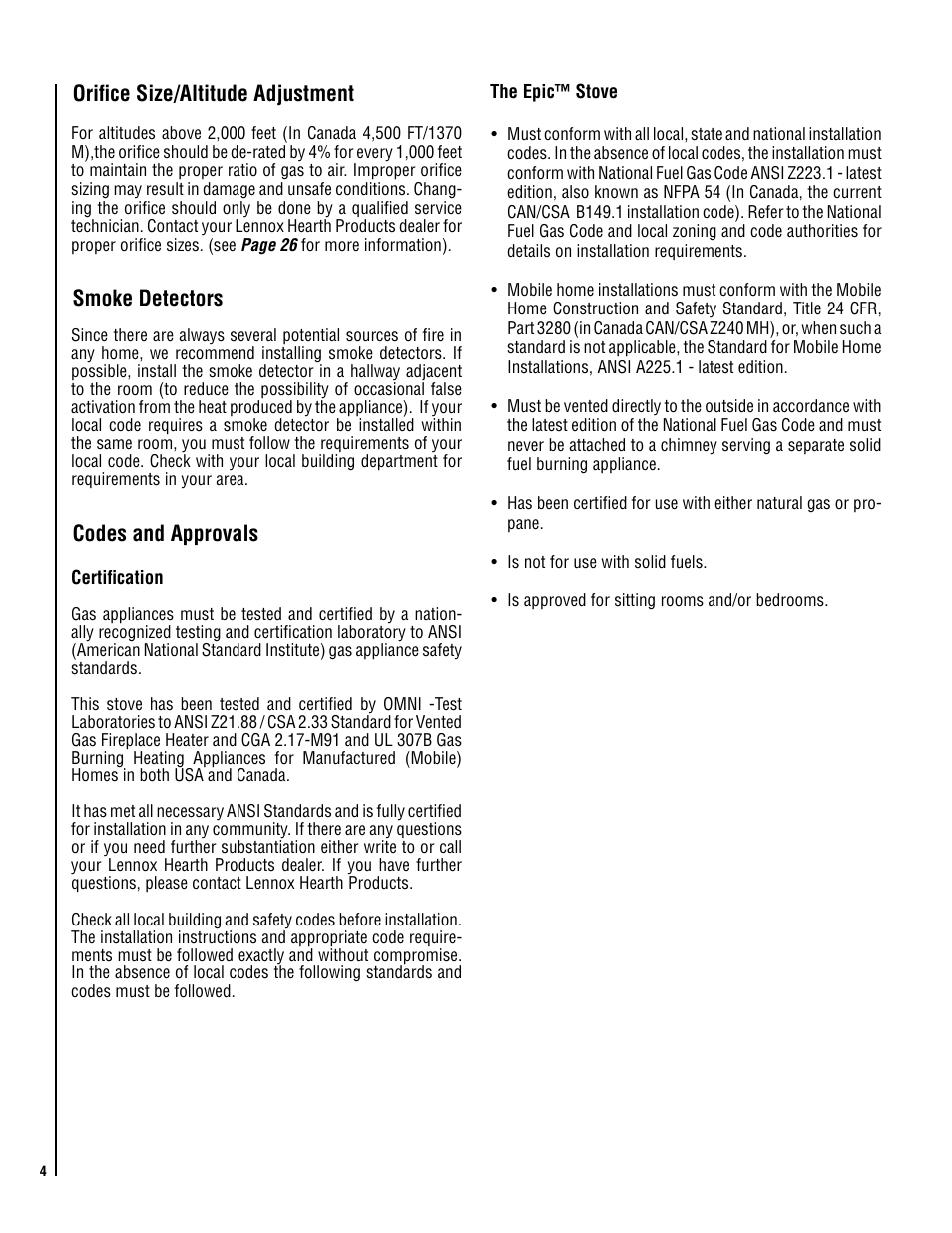 Orifice size/altitude adjustment, Smoke detectors, Codes and approvals | Lennox Hearth EPIC40 User Manual | Page 4 / 36