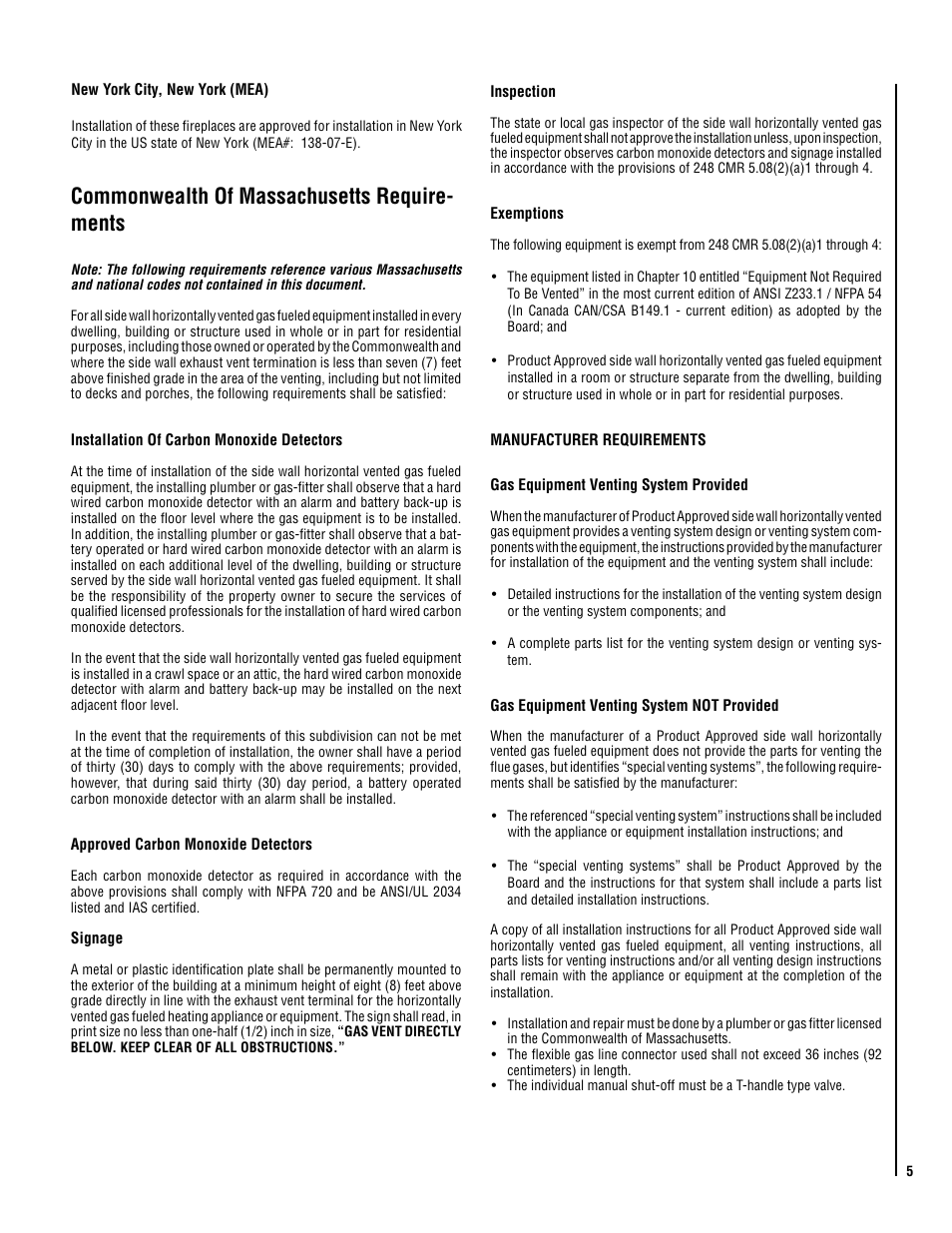 Commonwealth of massachusetts require- ments | Lennox Hearth EPIC40 User Manual | Page 5 / 36