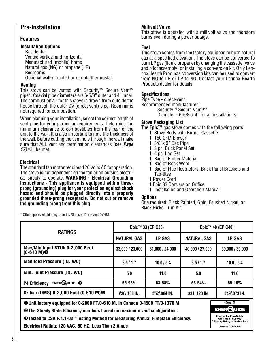 Pre-installation | Lennox Hearth EPIC40 User Manual | Page 6 / 36