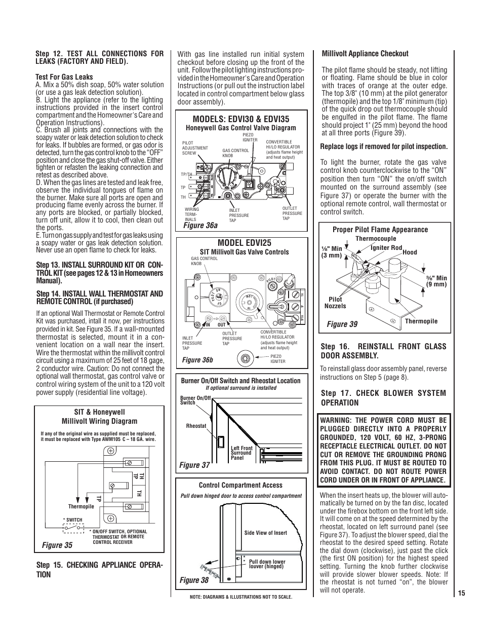 Models: edvi30 & edvi35, Model edvi25, Figure 36a | Figure 37, Step 16. reinstall front glass door assembly, Figure 39, Figure 35, Figure 38, Proper pilot flame appearance, Honeywell gas control valve diagram | Lennox Hearth ELITE EDVI25 User Manual | Page 15 / 20