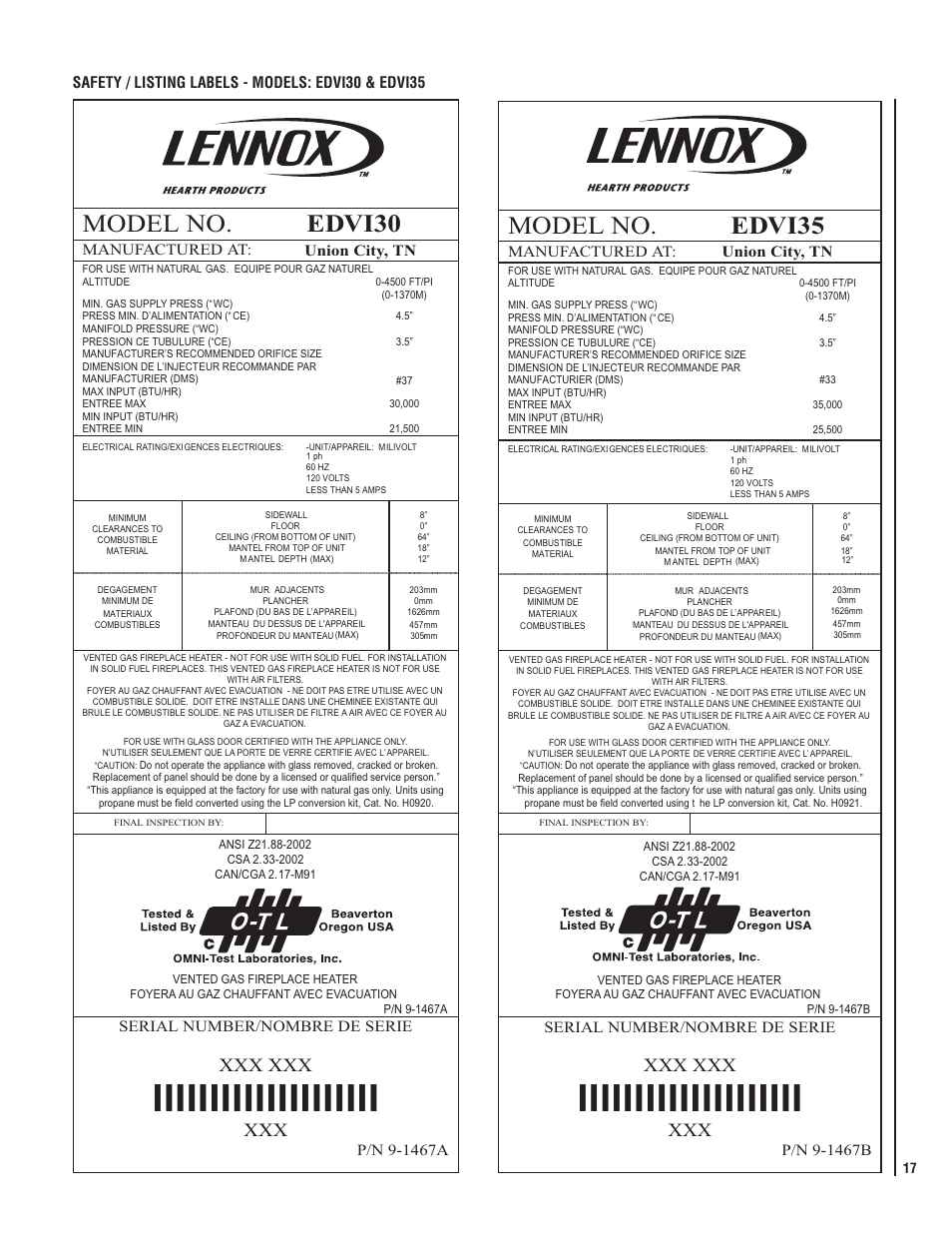 Model no. edvi35, Model no. edvi30, Xxx xxx | Safety / listing labels - models: edvi30 & edvi35, Manufactured at: union city, tn, Serial number/nombre de serie | Lennox Hearth ELITE EDVI25 User Manual | Page 17 / 20