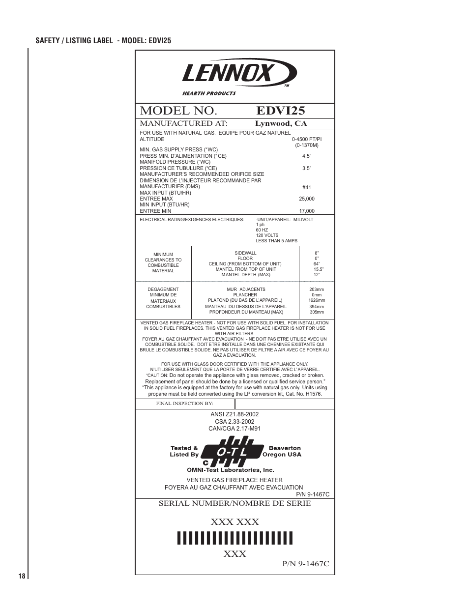 Model no. edvi25, Xxx xxx, Manufactured at: lynwood, ca | Serial number/nombre de serie, Safety / listing label - model: edvi25 | Lennox Hearth ELITE EDVI25 User Manual | Page 18 / 20