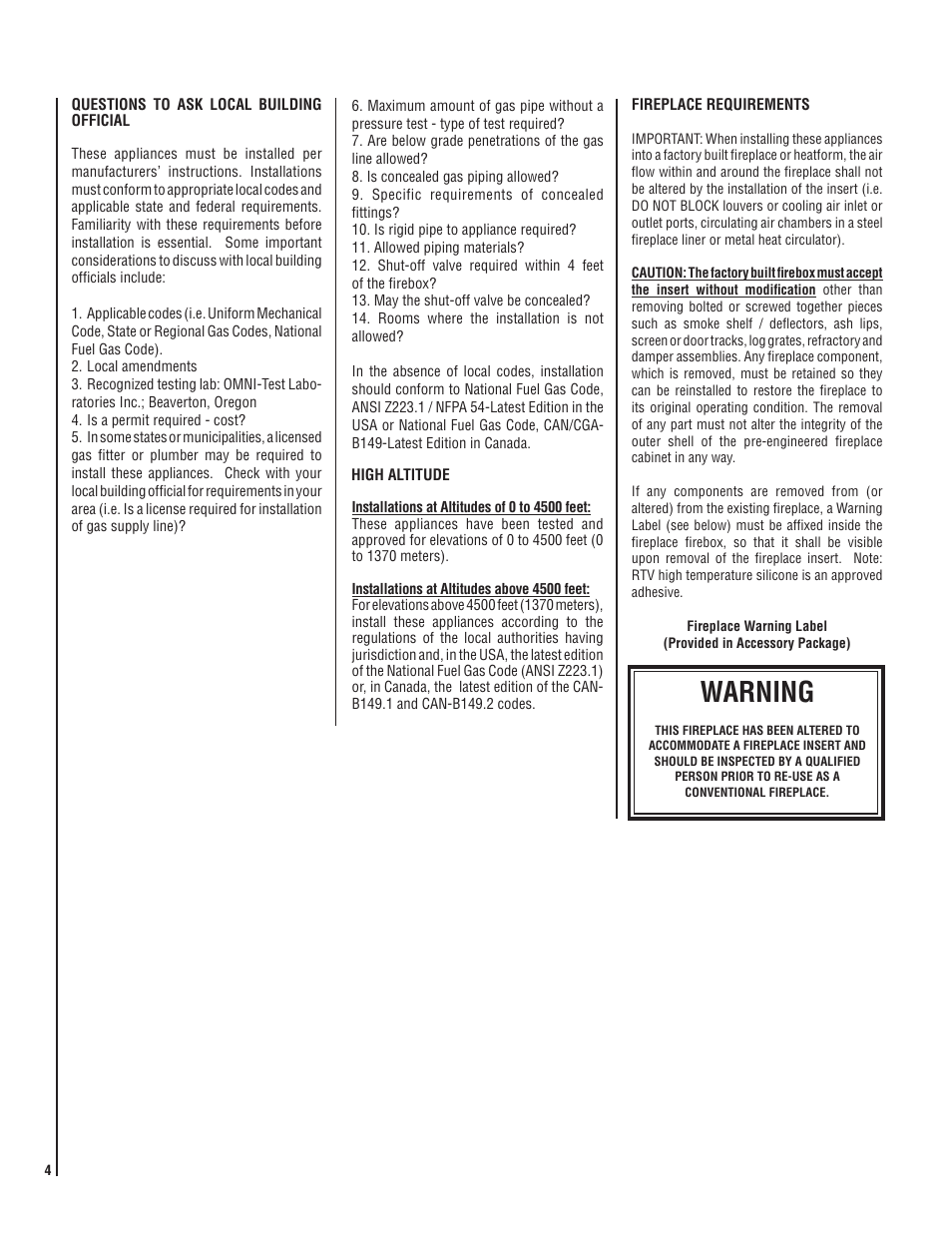 Warning | Lennox Hearth ELITE EDVI25 User Manual | Page 4 / 20