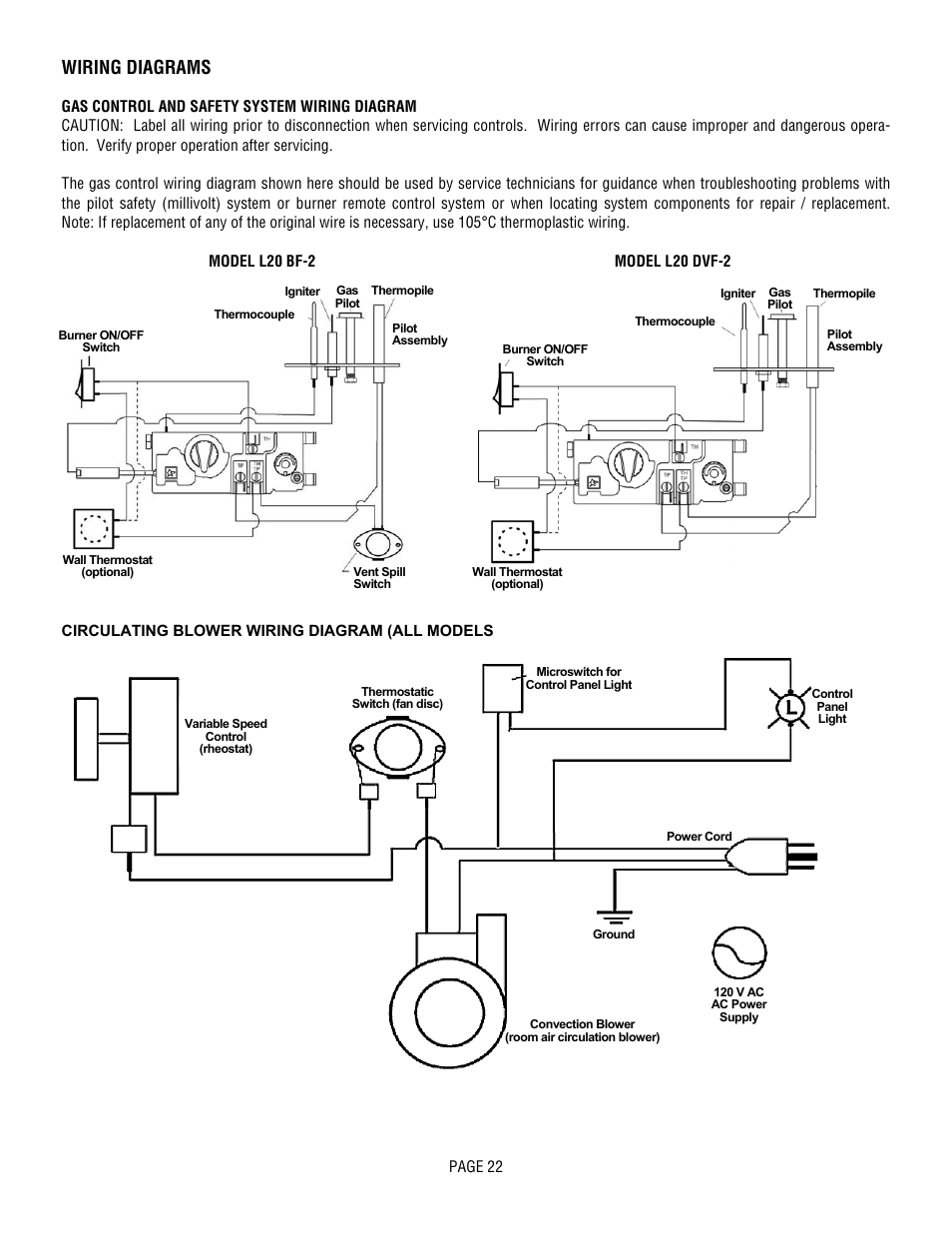 Wiring diagrams | Lennox Hearth L20 BF-2 User Manual | Page 22 / 32