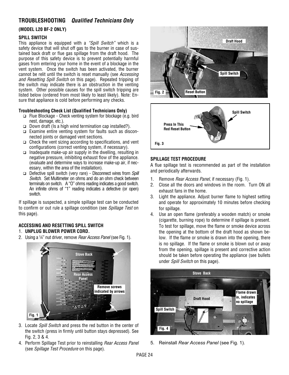 Troubleshooting qualified technicians only | Lennox Hearth L20 BF-2 User Manual | Page 24 / 32