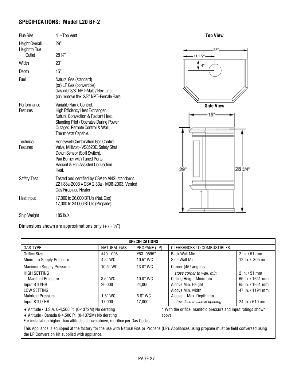 Specifications: model l20 bf-2 | Lennox Hearth L20 BF-2 User Manual | Page 27 / 32