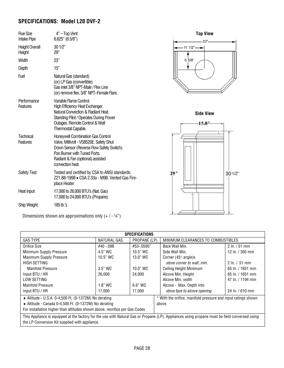 Specifications: model l20 dvf-2 | Lennox Hearth L20 BF-2 User Manual | Page 28 / 32