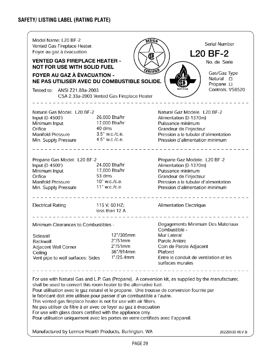 Lennox Hearth L20 BF-2 User Manual | Page 29 / 32