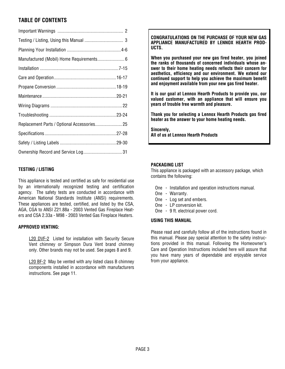 Lennox Hearth L20 BF-2 User Manual | Page 3 / 32