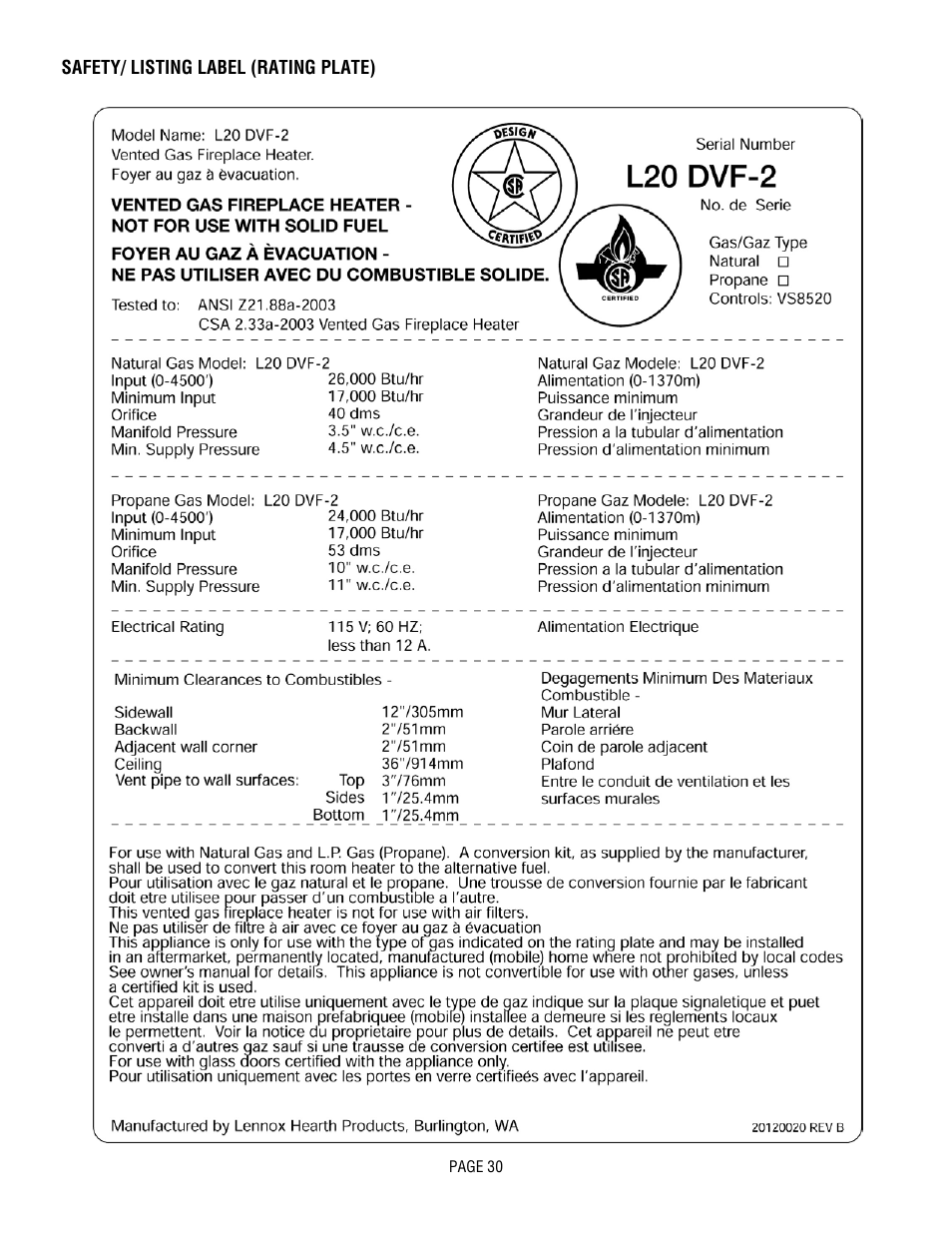 Lennox Hearth L20 BF-2 User Manual | Page 30 / 32