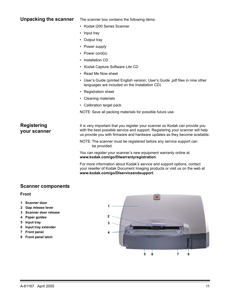 Unpacking the scanner, Registering your scanner, Scanner components | Front | Lennox Hearth I200 User Manual | Page 15 / 70