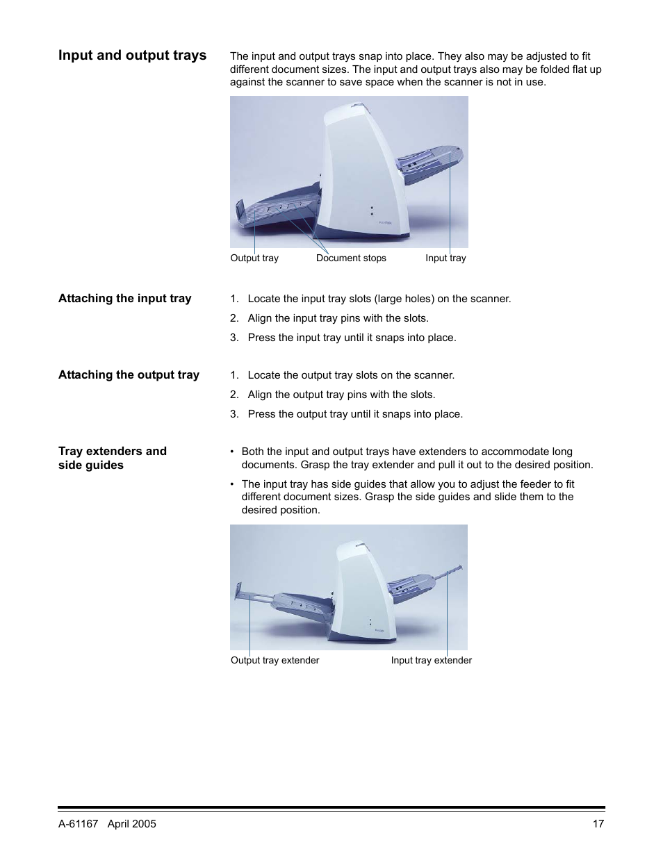 Input and output trays, Attaching the input tray, Attaching the output tray | Tray extenders and side guides | Lennox Hearth I200 User Manual | Page 21 / 70