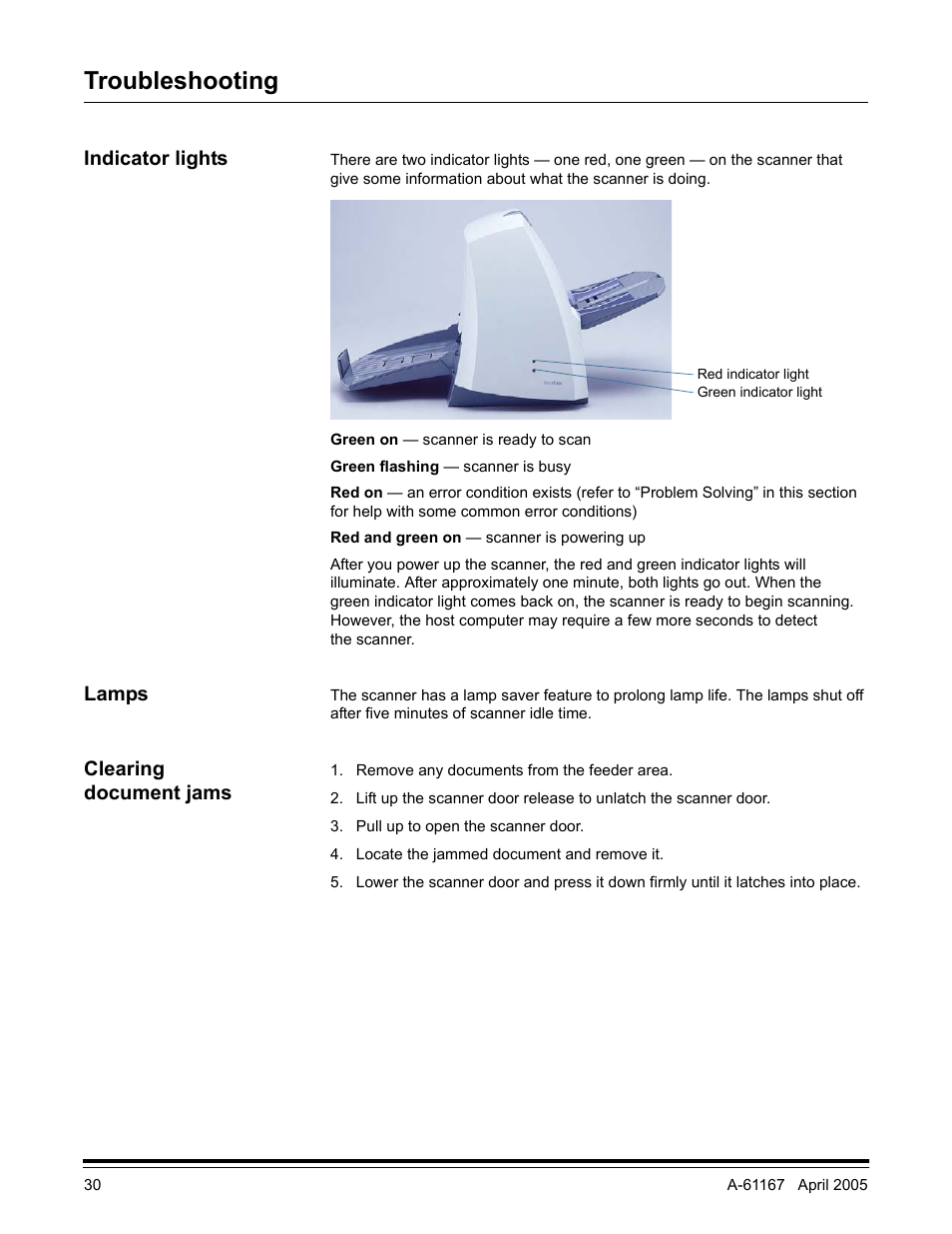 Troubleshooting, Indicator lights, Lamps | Clearing document jams | Lennox Hearth I200 User Manual | Page 34 / 70