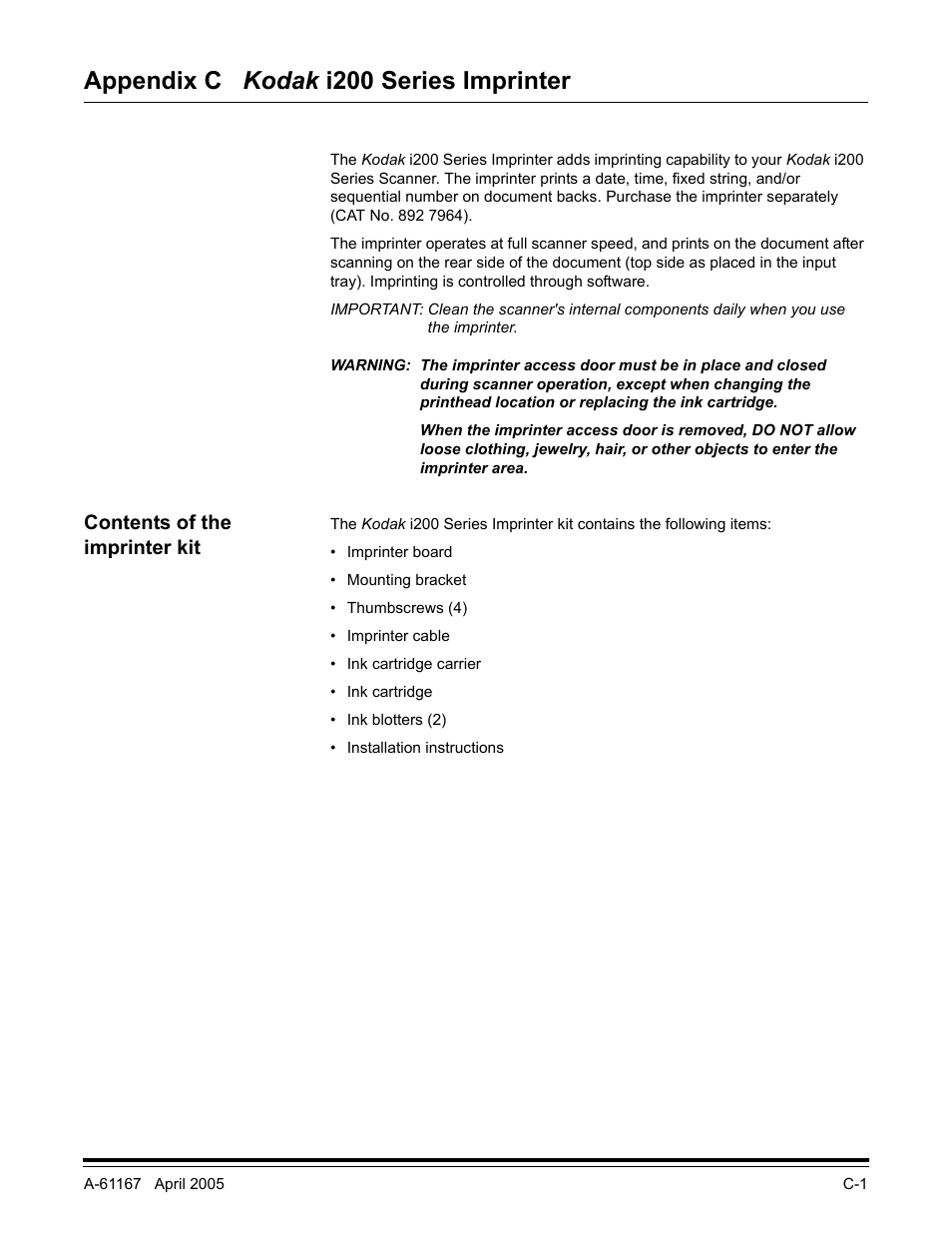 Appendix c kodak i200 series imprinter, Contents of the imprinter kit | Lennox Hearth I200 User Manual | Page 43 / 70