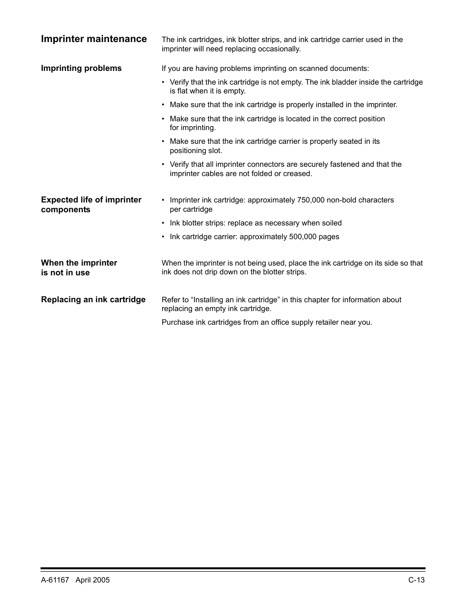 Imprinter maintenance, Imprinting problems, Expected life of imprinter components | When the imprinter is not in use, Replacing an ink cartridge | Lennox Hearth I200 User Manual | Page 55 / 70