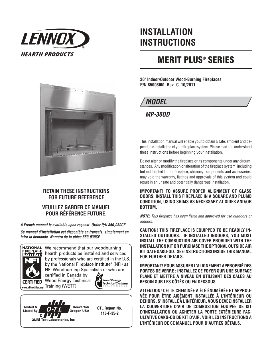 Lennox Hearth MERIT PLUS MP-36OD User Manual | 24 pages