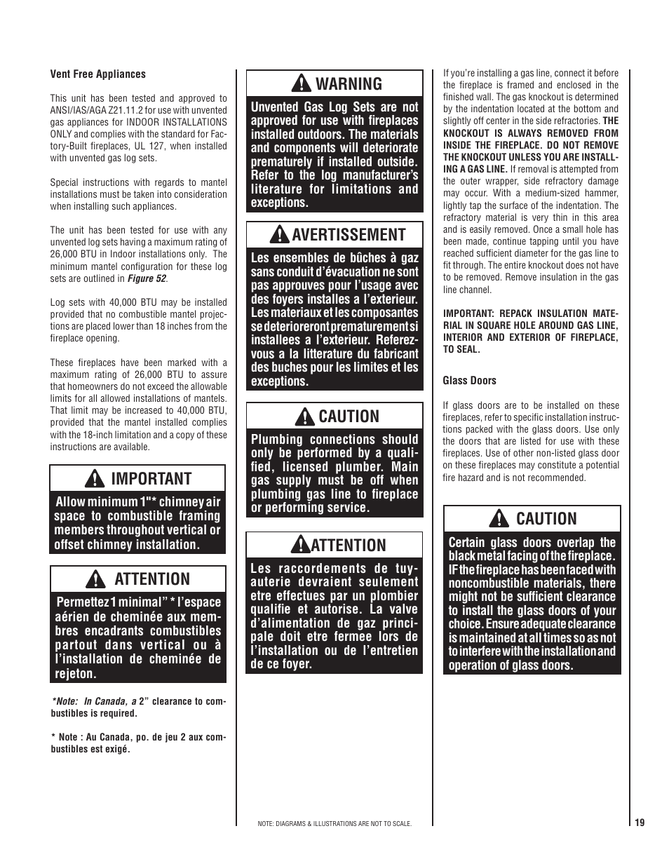 Important, Attention, Warning | Avertissement, Caution | Lennox Hearth MERIT PLUS MP-36OD User Manual | Page 19 / 24