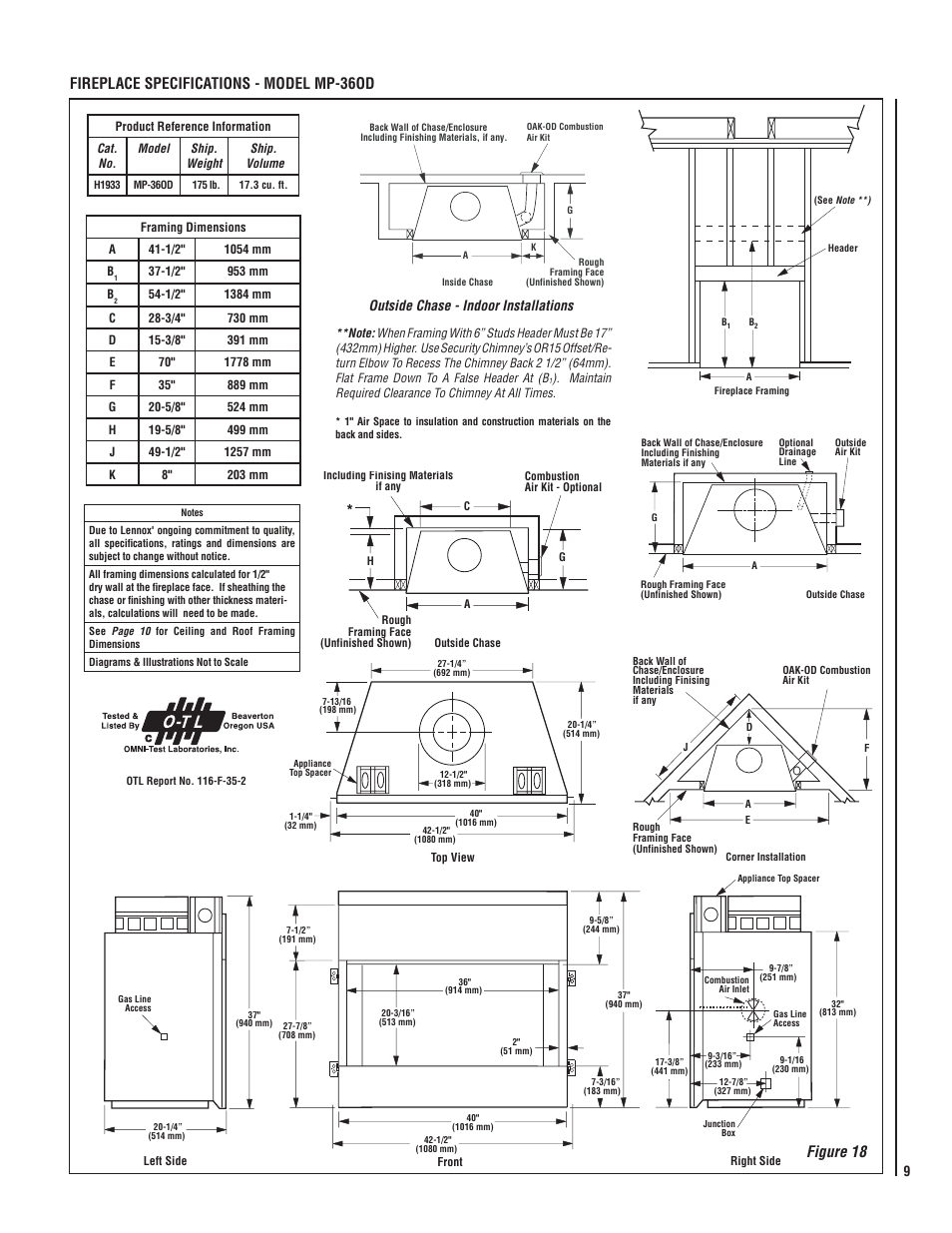 Fireplace specifications - model mp-36od figure 18, Outside chase - indoor installations | Lennox Hearth MERIT PLUS MP-36OD User Manual | Page 9 / 24