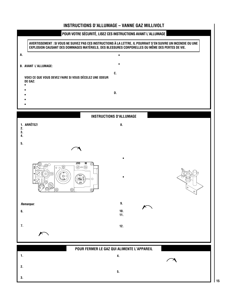 Instructions d’allumage – vanne gaz millivolt | Lennox Hearth ELITE EBSTPM-2 User Manual | Page 15 / 24
