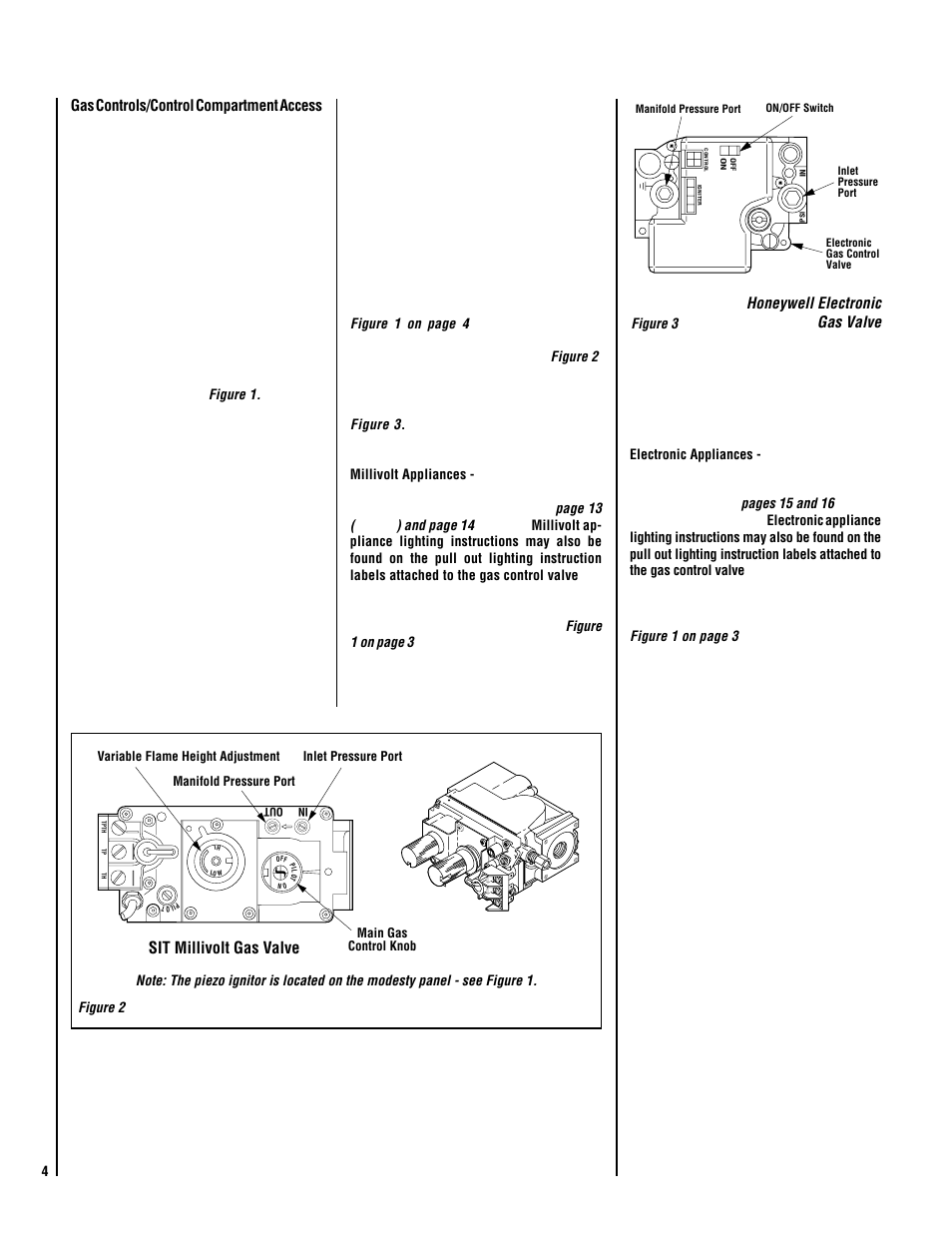 Sit millivolt gas valve, Honeywell electronic gas valve, Gas controls/control compartment access | Lennox Hearth ELITE EBSTPM-2 User Manual | Page 4 / 24