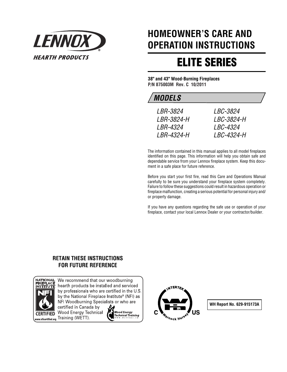 Lennox Hearth Elite LBR-3824-H User Manual | 8 pages