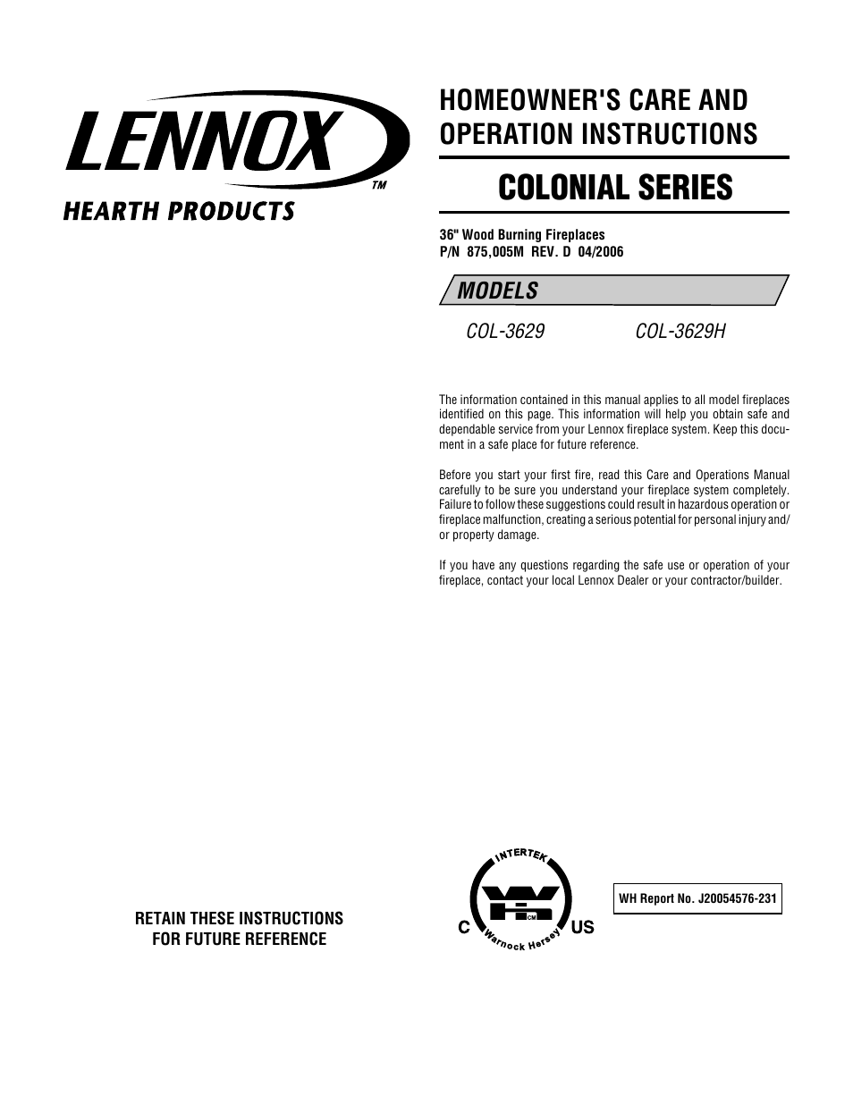 Lennox Hearth COL-3629 User Manual | 8 pages