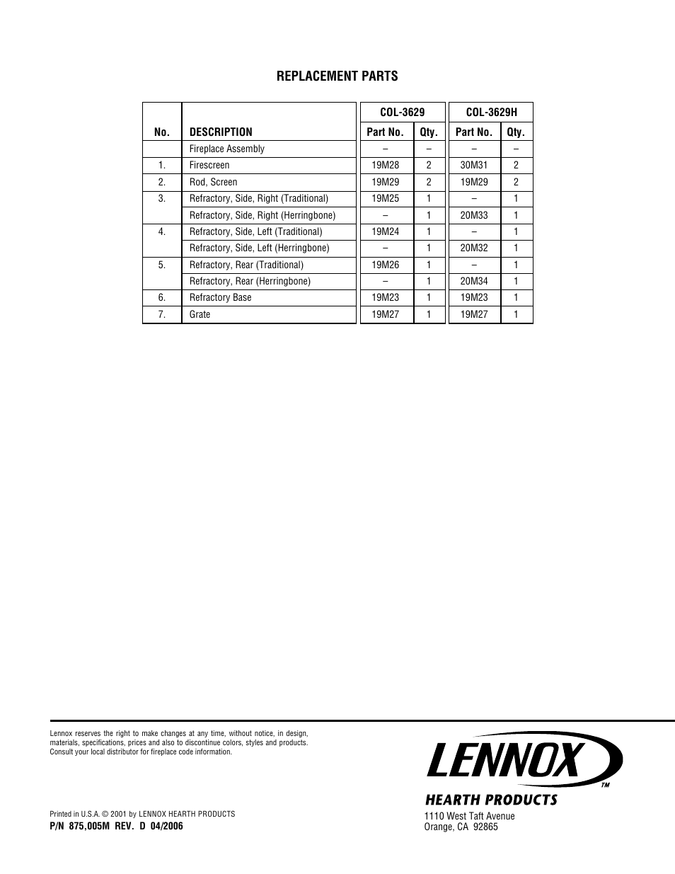 Replacement parts | Lennox Hearth COL-3629 User Manual | Page 8 / 8