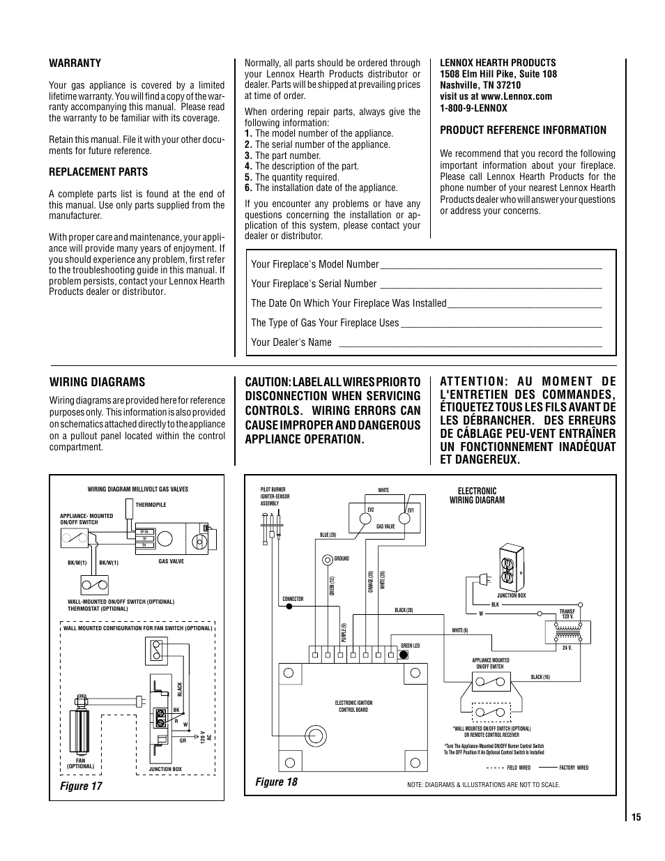 Wiring diagrams, Warranty, Replacement parts | Product reference information, Figure 17 figure 18 | Lennox Hearth ADAGIO-EN User Manual | Page 15 / 28